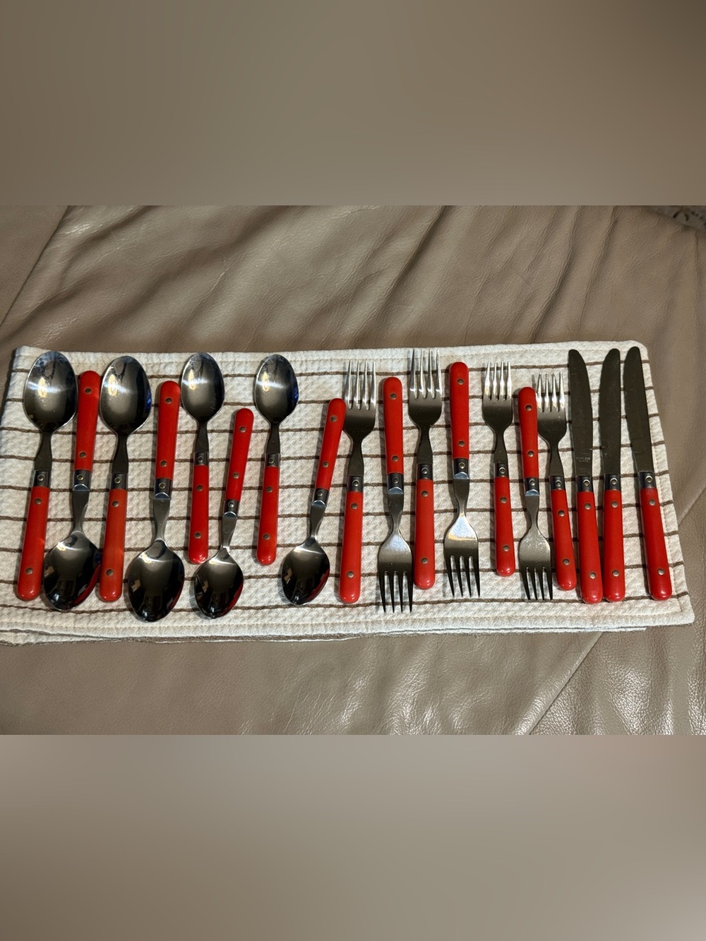 Mid Century Red Handle Stainless Steel Flatware - 18 pc